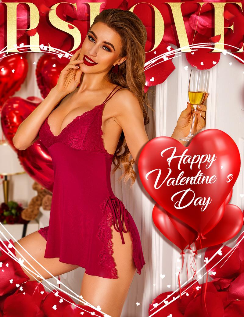 RSLOVE Valentine's Day Women's Sexy Lace Lingerie Soft V Neck Nightie Sleepwear with Sultry Side Slit and Bow Accents Flattering Nightgown Set Loungewear Basic Fabric Butterfly Elastic Womenswear night gown for women