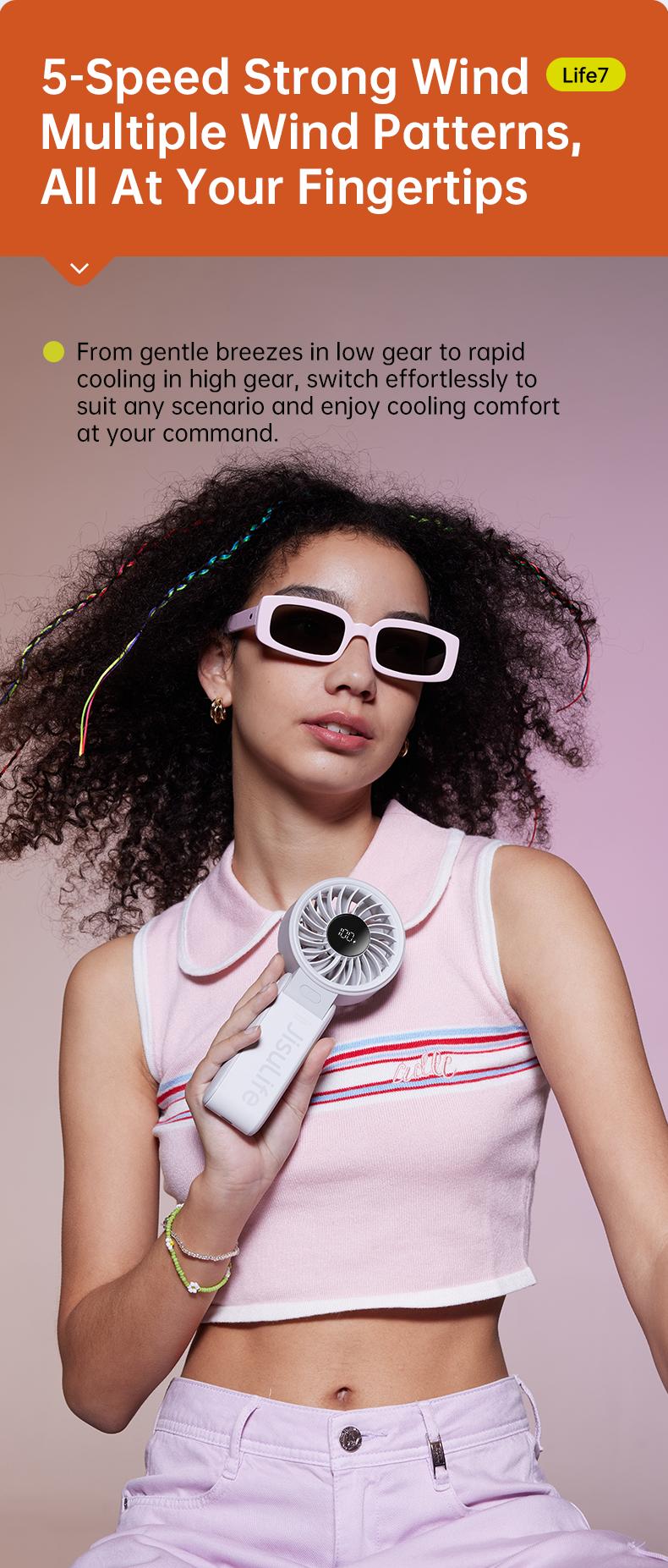 JISULIFE Portable Folded Fan 5000mAh 5 Gears Strong Wind 19.5H Cooling 3-IN-1 Hand Desk Neck Fan for Travel Concert Summer Essentials