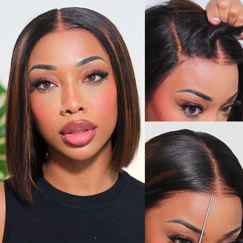 【 Put On and Go 】Yaki Straight Highlight Mix Color Short Bob Human Hair 4x4 Closure Wig Human Hair 180% Density Pre-Cut Lace Pre Bleached Tiny Knots Glueless Wig Highlight Natural Hair 100% Human hair