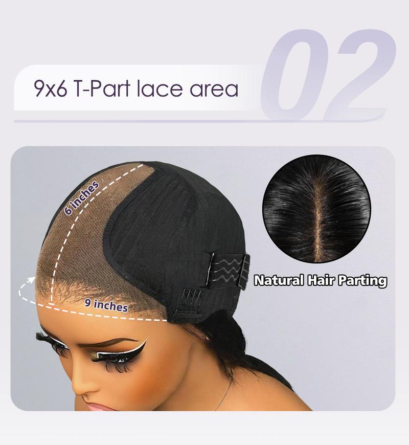 Wavymy Layered Cut Bob Wig 9x6 TPart Yaki Straight 220% Density Natural Black Wear Go Glueless Pre Cut Lace  Pre Plucked Beginner Friendly 100% Human Hair Deep Part Dome Cap Easy Install Heat Resistant