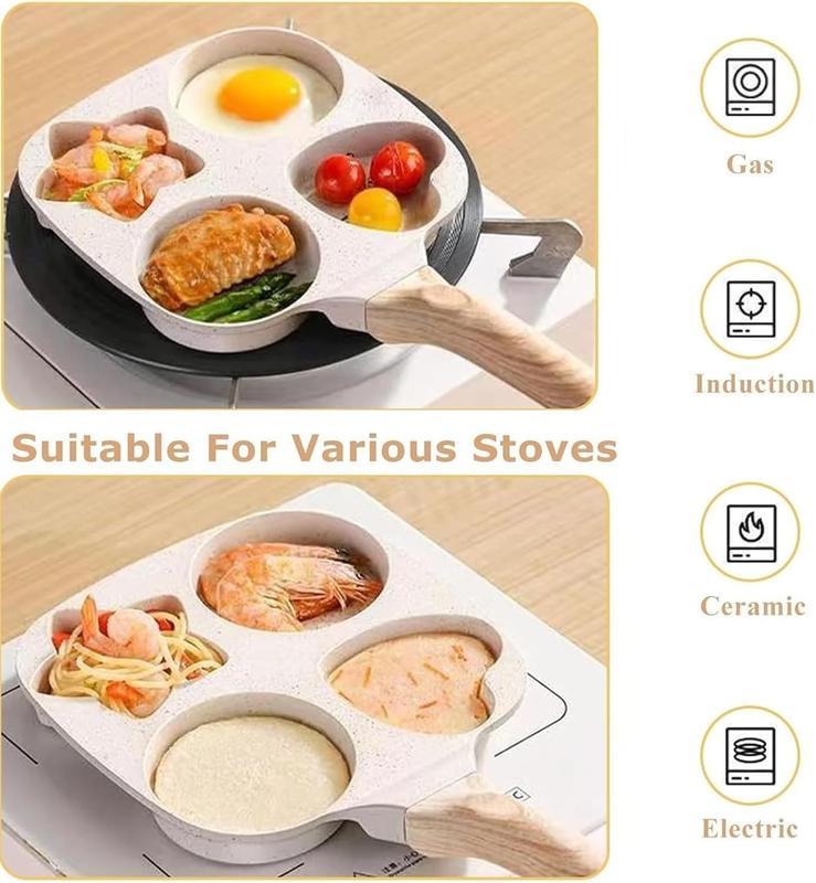 Non-stick egg frying pan,4-hole Heart-Shaped Pancake Pan with Wooden Handle,Easy Clean,Space-Saving,Multi-functional breakfast pan,for Breakfast,Eggs,Burgers,for all stoves
