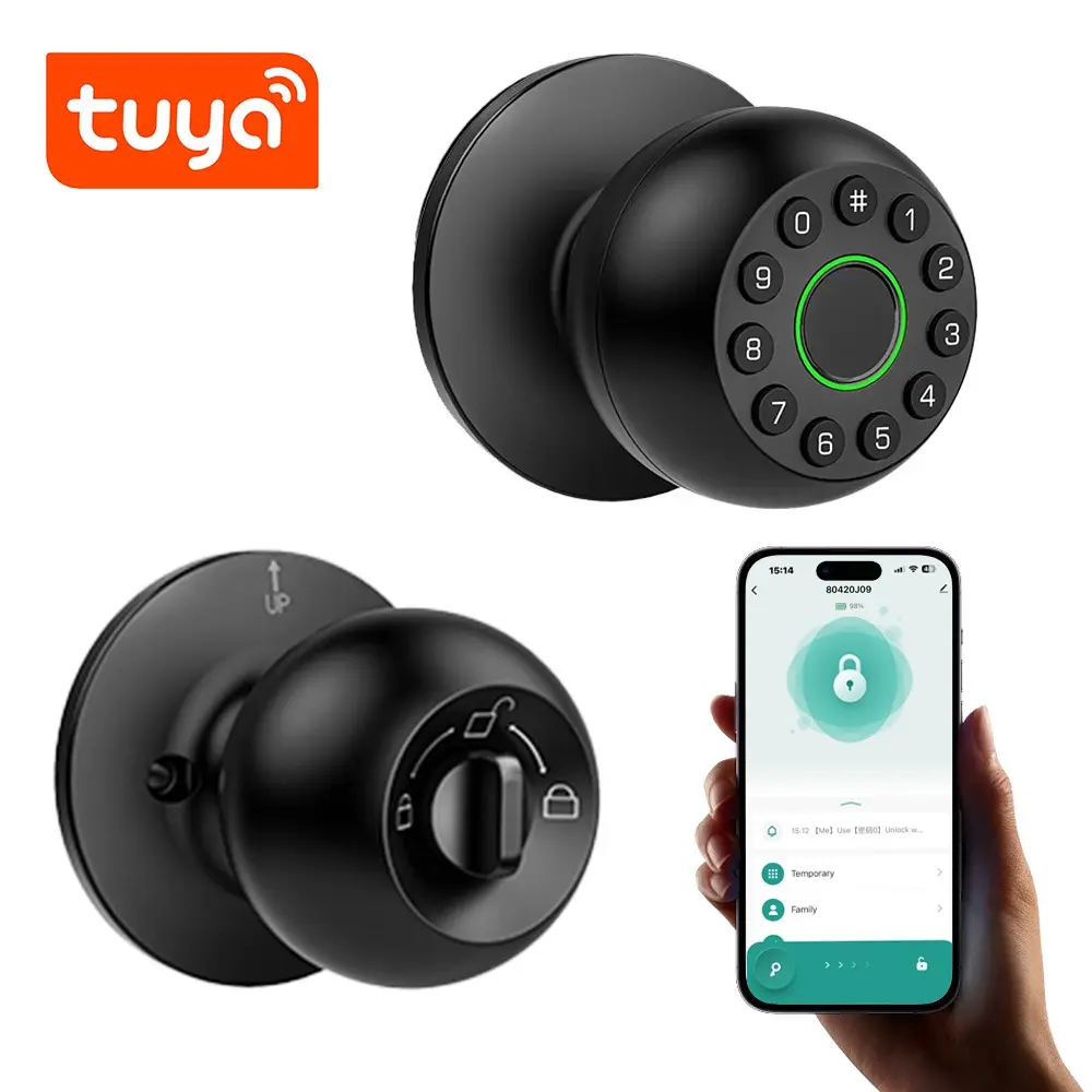 Tuya Smart Spherical Door Knob Lock, Biometric Fingerprint & Digital Keypad Keyless Entry Lock, Bluetooth BLE App Control with Auto-Lock for Interior Wooden Doors, Apartment & Office sohochic