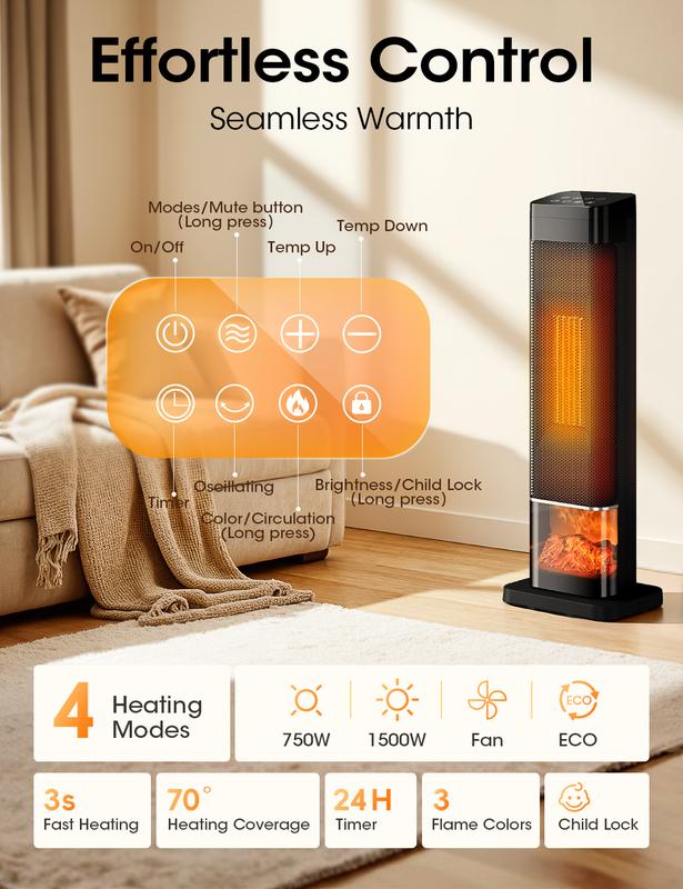 TEHANLD Space Heaters for Indoor, 25”Large PTC Ceramic Heater with Flame, 1500W Electric with Thermostat, 70°Oscillating Portable Tower Heater with Remote for Room, Bedroom, Home, Office, Black