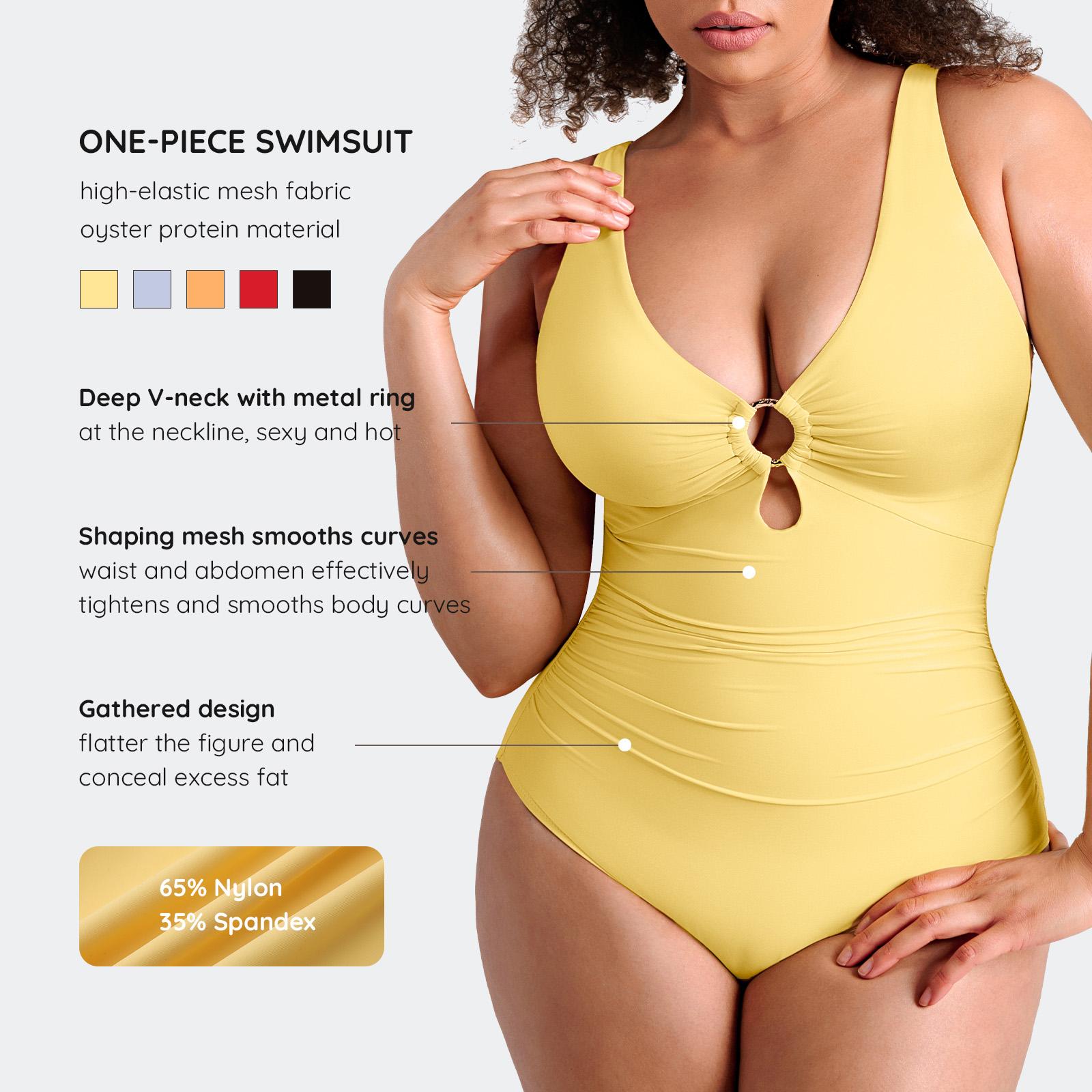 FeelinGirl One Piece Swimsuit Tummy Tucking Bathing Suit Swimwear Plus Size Plain Color High Cut with Removable Pads Summer New Arrivals
