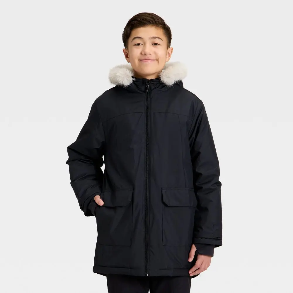 All In Motion Kids' Hooded Parka Jacket - Water-Resistant with Faux Fur Trim, Kid Size Boys' Jackets, With Pocket Boys' Jackets