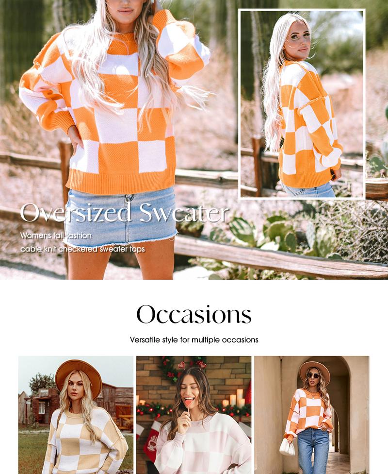 Shewin 2026 Cozy Oversized Checkerboard Knit Sweater Women's Soft V-neck Long Sleeve Pullover Perfect for Layering & Casual Outfits