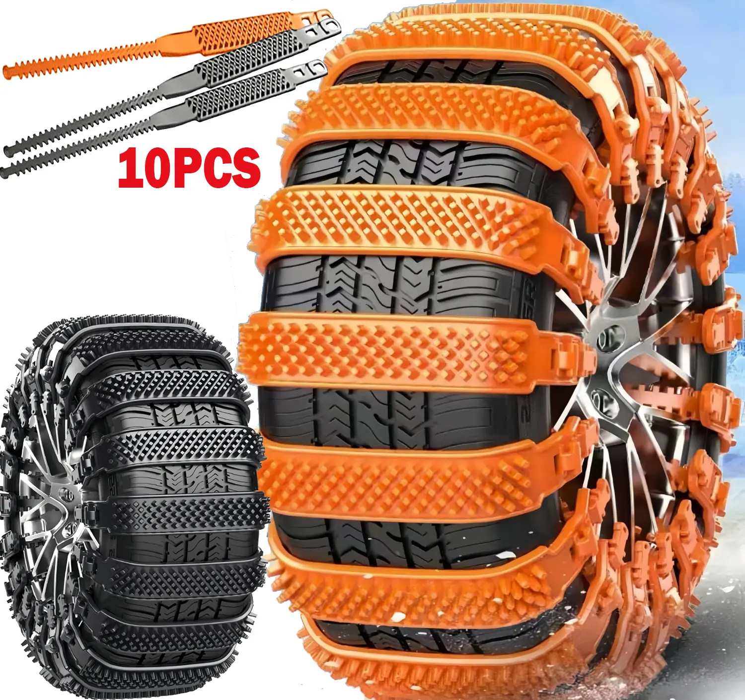 10-Pack Universal Heavy Duty TPU Snow Tire Chains - Reusable, Non-Slip Zip Tie Chains with Strong Traction, Mud/Rain Grip, No Need to Lift a Jack, 10-Pack for 2 Wheels, Fits Cars, Trucks, Vans, SUVs