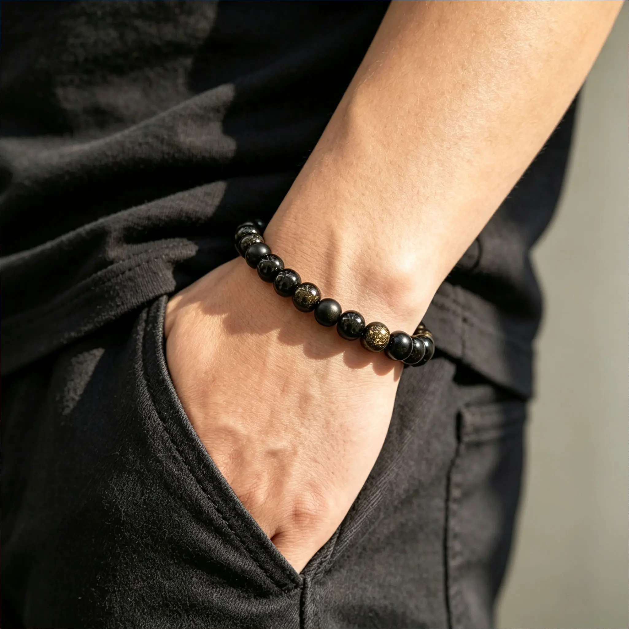 Men's 8in Handmade Minimalist Natural Black Tourmaline-Obsidian-Onyx 6mm Bead Bracelet, Daily Healing Crystals Triple Protection Energy Luck Jewelry for Men