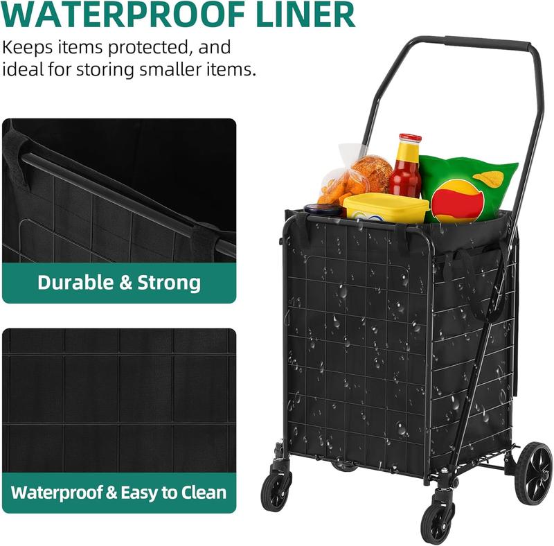 YITAMOTOR Waterproof Liner Foldable Shopping Cart with Wheels for Seniors Portable Collapsible Utility Carts for Shopping Groceries Laundry & Storage Durable Strong Easy to Clean