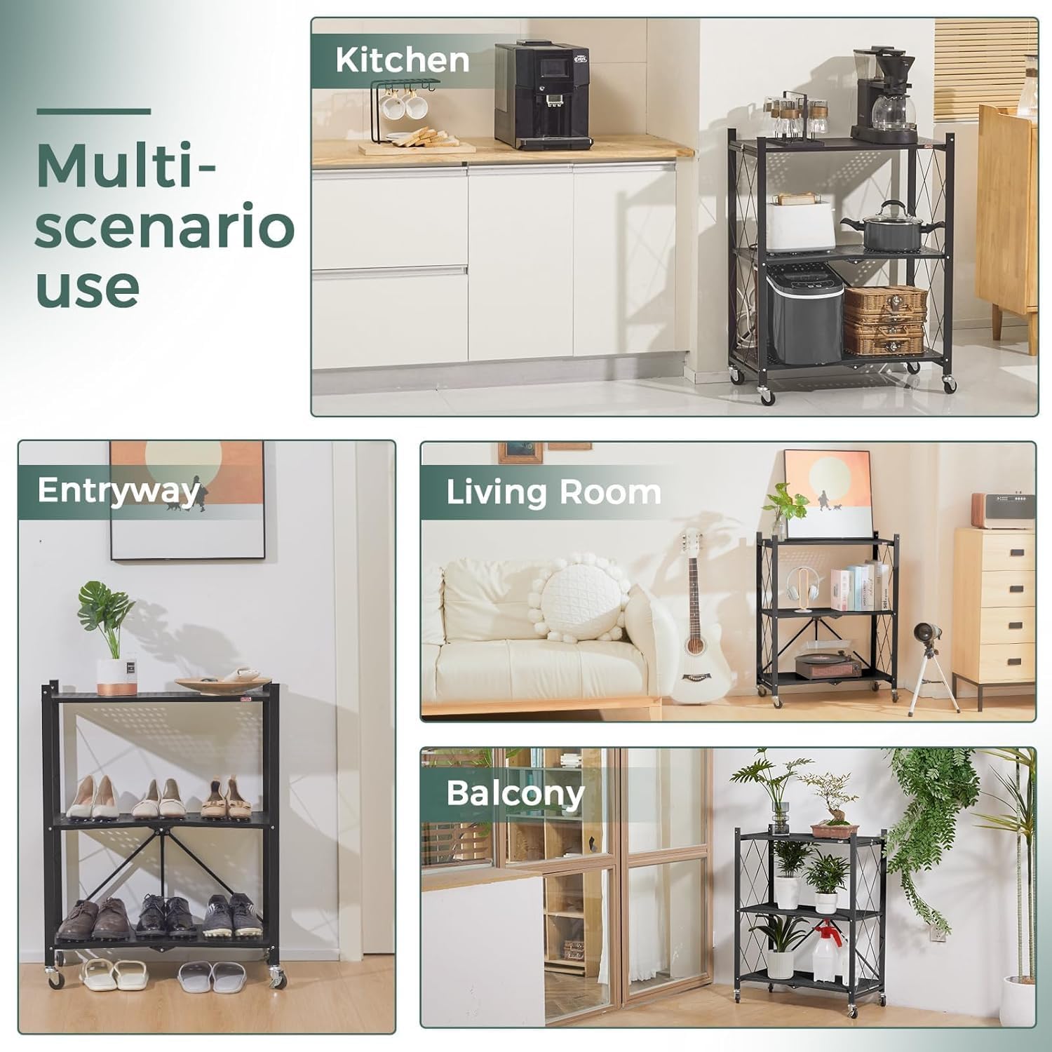 3 Tier Foldable Storage Shelves with Wheels Freestanding Metal Wire Shelf Rack for Kitchen Garage Basement Pantry Black Pack of 2 No Assembly Organizer Rolling Cart 3 Tier Foldable Storage Shelves with Wheels Freestanding Metal Wire Shelf Rack for Kitchen Garage Basement Pantry Black Pack of 2 No Assembly Organizer Rolling Cart