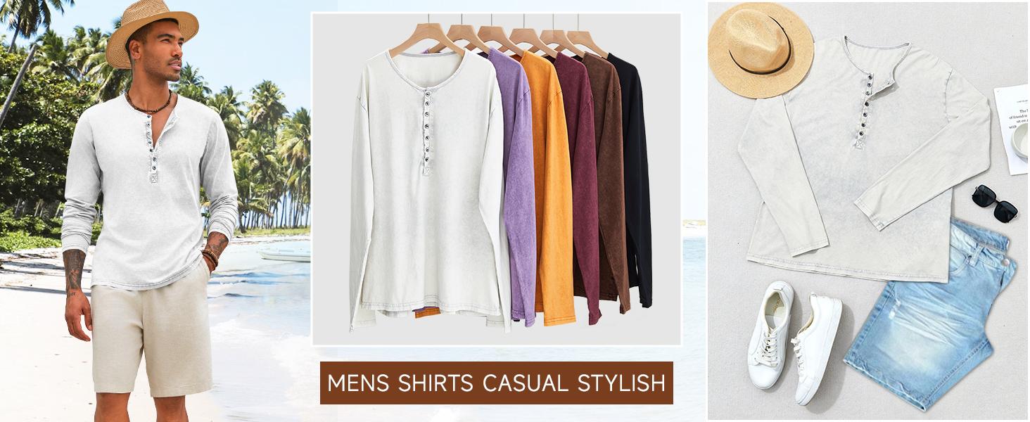 PASLTER Mens Distressed Henley Shirts Retro Long Sleeve Tee Shirts Casual Button Down Washed T-Shirts for Men