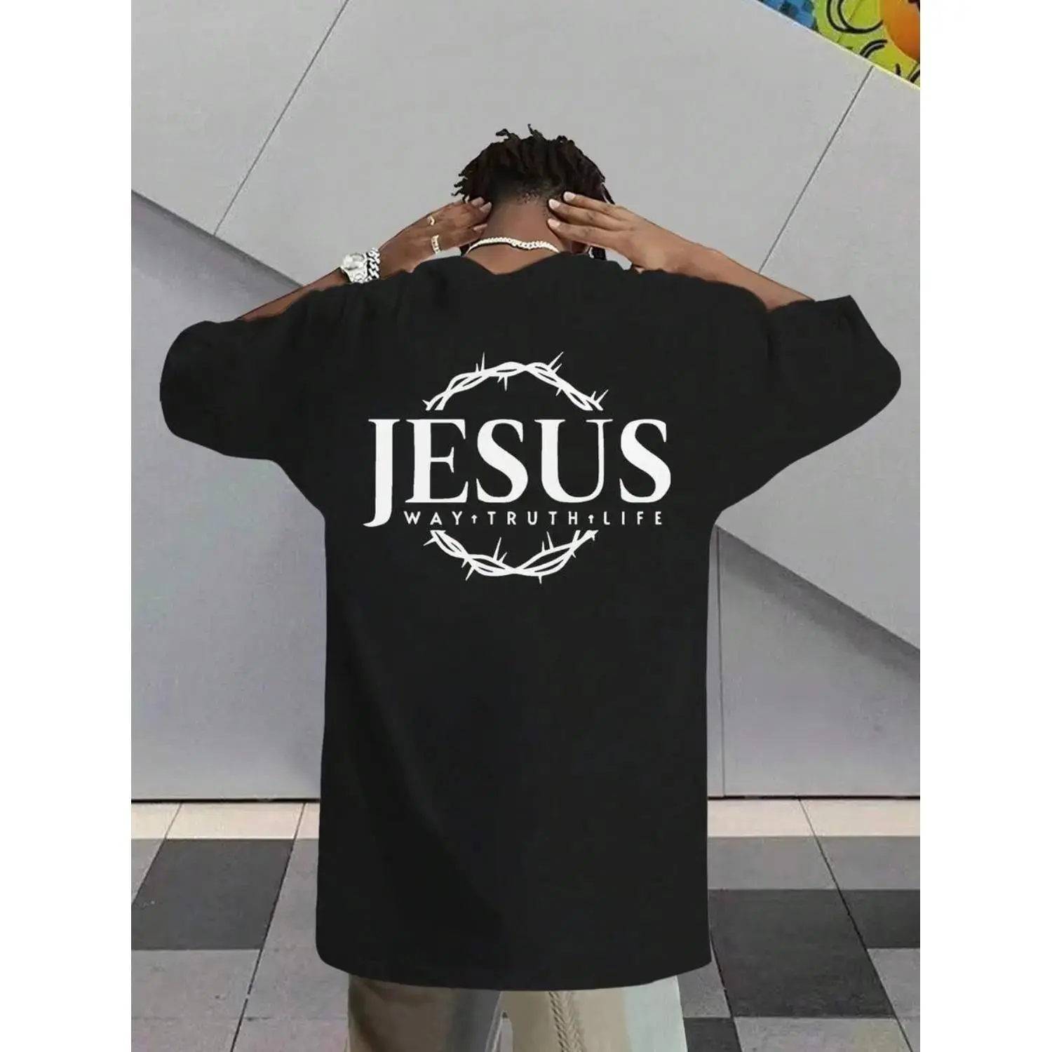Men's Black Jesus Christ Graphic T Shirt Featuring Crown of Thorns and Cross Design with Bold Print and Nontransparent Fabric for Casual Summer Wear