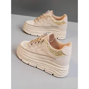 Women's Fashionable Glitter Design Lace Up Sneakers, Casual Comfortable Breathable Sports Shoes, Female All-match Round Toe Shoes for Daily Wear, Girl, Casual Trainers