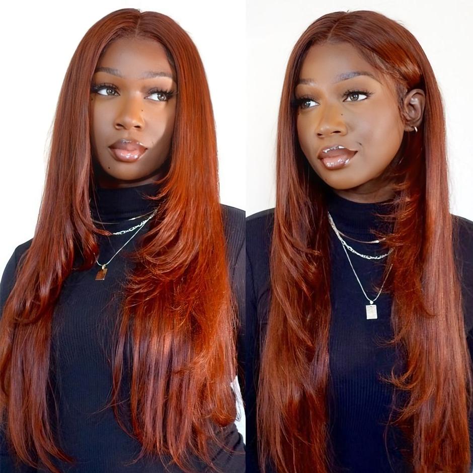 YAWAWE Hair Reddish Brown Layered 7x5 Wear go Glueless Wigs with Drawstring Effortless Install  Pre Plucked Pre Cut Bone Straight Human Hair Lace Front Wig Colored Brazilian Transparent Lace Frontal Wig For Women