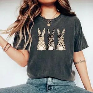 Comfort Colors Neutral Easter Bunny T-Shirt, Leopard and Checkered Pattern Graphic Tee, Cute Coquette Spring Shirt for Women, Soft Casual Easter Outfit