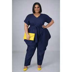 PLUS SIZE HAREM STERTCH ENIM JUMPSUIT W/BELT-42