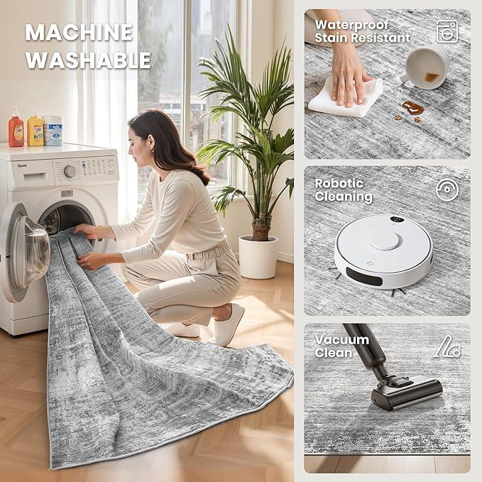 Lagre Boho Living Room Rug Soft Non-Slip Thin Carpet Indoor Floor Non-Shedding Neutral Floral Carpets for Bedroom Dining Room Farmhouse Nursery Washable Rug