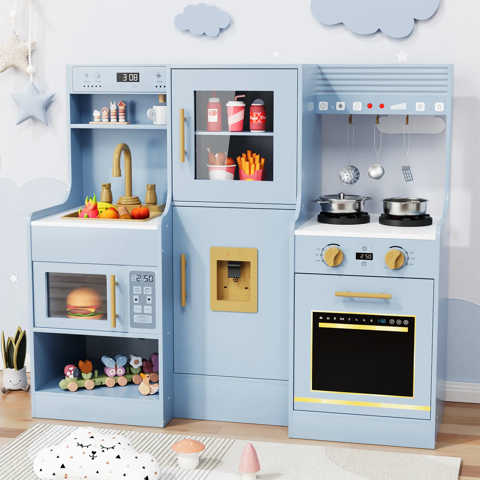 Arlopu Wooden Play Kitchen for Kids, Toddler Toy Kitchen Playset, Large Interactive Pretend with 6 Kitchenware, Realistic Water Dispenser & Hood w/Lights & Sounds, Sink, Stove, Oven, Microwave homeessentials