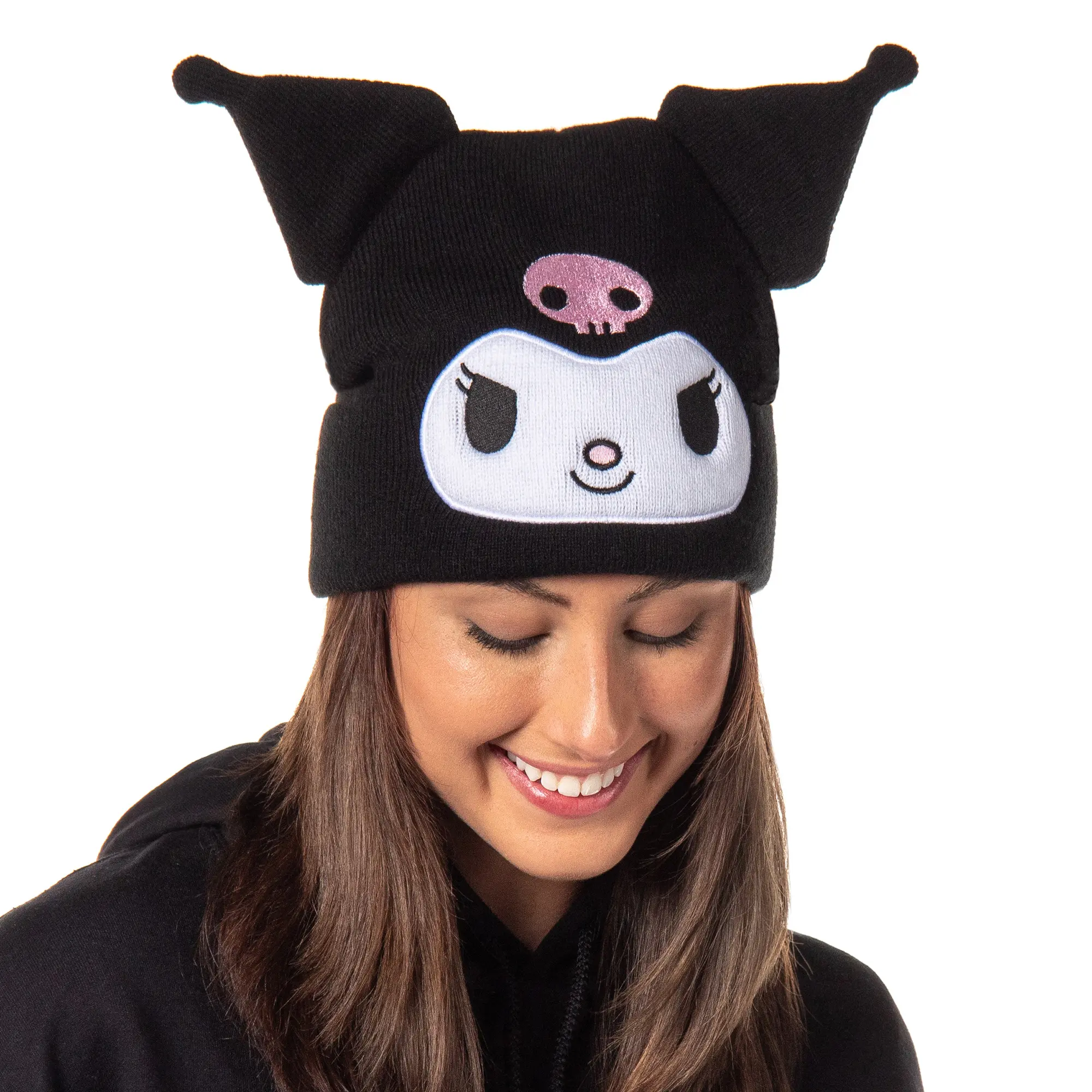 Sanrio Hello Kitty Kuromi 3D Embroidery Knit Beanie - Caps with Designs, Cool Hats, Funny Hat, One Size Fits All Fashion Clothes Accessory
