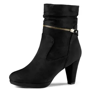 BLISSFUL STEP Women's Ankle Zip Platform High Heel Mid Calf Boots Black