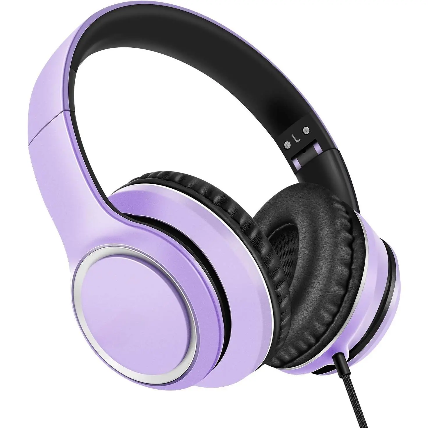 SQ-HPS005 X8 Adjustable Folding Over-Ear Wired Stereo Headphones with Padded Headband, Microphone, 1.45m Tanglefree Nylon Cord, 3.5mm Plug, Portable Lightweight Plastic Slider Design for Smartphones (Dark Purple)