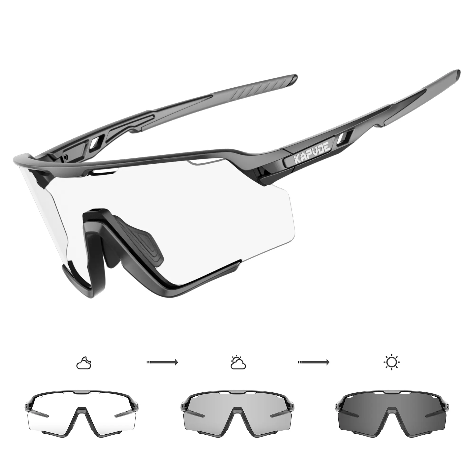 Kapvoe Unisex Photochromic PC Sports Eyewear Cycling Gear - UV Protection Lens Sports Glasses for Mountain Bike (MTB), Bicycle Riding, Bikes, Polycarbonate, Cycling Accessories, Triathlon, Adaptive Clear‑Dark sohochic