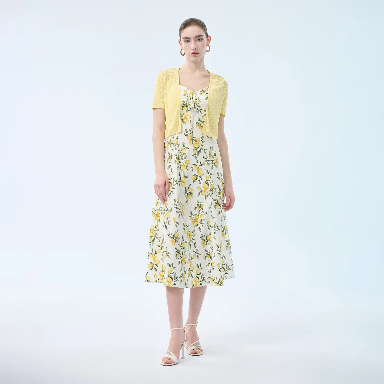 GOELIA Cotton Lemon Print Strap Dress And Cardigan Two-Piece Set for Ladies