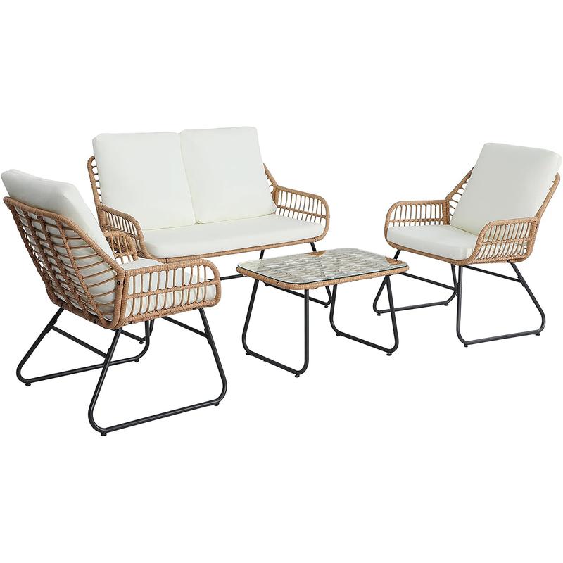 EortheX 4 Pieces Patio Outdoor Cushion Furniture Set,Patio Conversation Set,Rattan Wicker Bistro Sets with Loveseat Cushion Chairs and Modern Glass Coffee Table for Backyard Deck Balcony and Garden Lounge Spaces - Beige EortheX 4 Pieces Patio Outdoor Cushion Furniture Set,Patio Conversation Set,Rattan Wicker Bistro Sets with Loveseat Cushion Chairs and Modern Glass Coffee Table for Backyard Deck Balcony and Garden Lounge Spaces - Beige