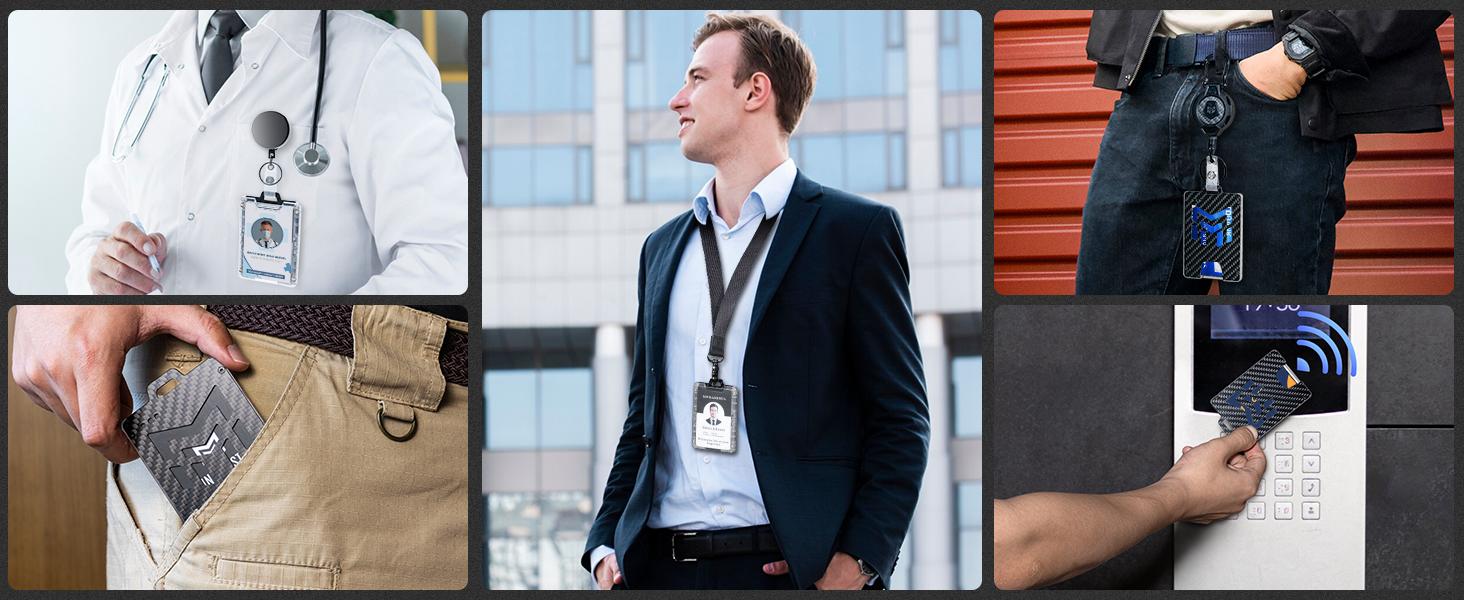 MNGARISTA Retractable Badge Holder, Carbon Fiber ID Badge Reel Strong,Retractable Clip Carabiner Keychain Key Card Holder with 4 Locking Card Point Design, Black