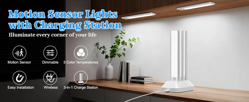 MATULSA 3Pcs Under Cabinet Lighting w/ Dock Base, 8/10/12/14inch Rechargeable Wireless Motion Sensor Lights for Kitchen