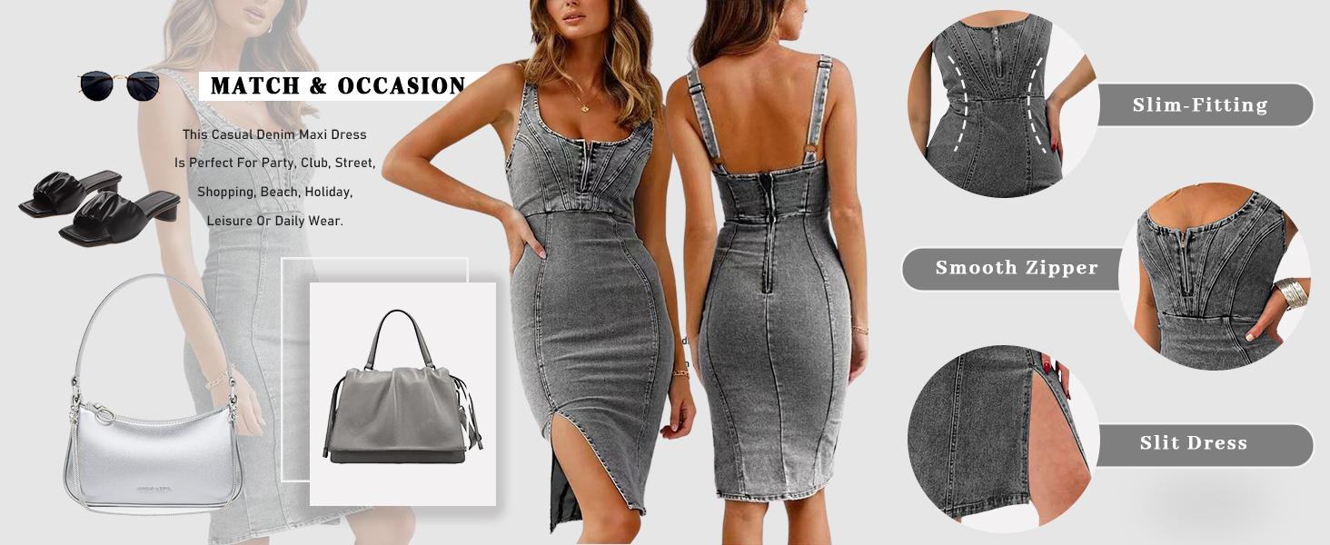 utcoco Denim Dress for Women Sleeveless Side Slit Bodycon Midi Jean Dresses for Women 2026 SpringStatements