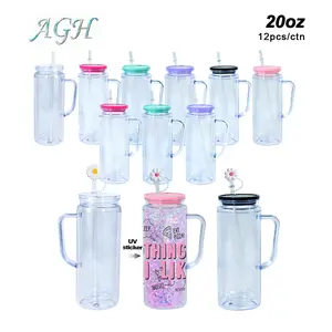 AGH US  NEW 12pcs 20 oz Double Wall Plastic Handle Tumblers Sonw Globe Cups Lava drip tumbler with Mixed Color Lids, for DIY Glitter Gifts