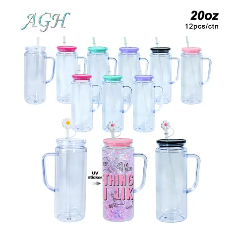 AGH US  NEW 12pcs 20 oz Double Wall Plastic Handle Tumblers Sonw Globe Cups Lava drip tumbler with Mixed Color Lids, for DIY Glitter Gifts