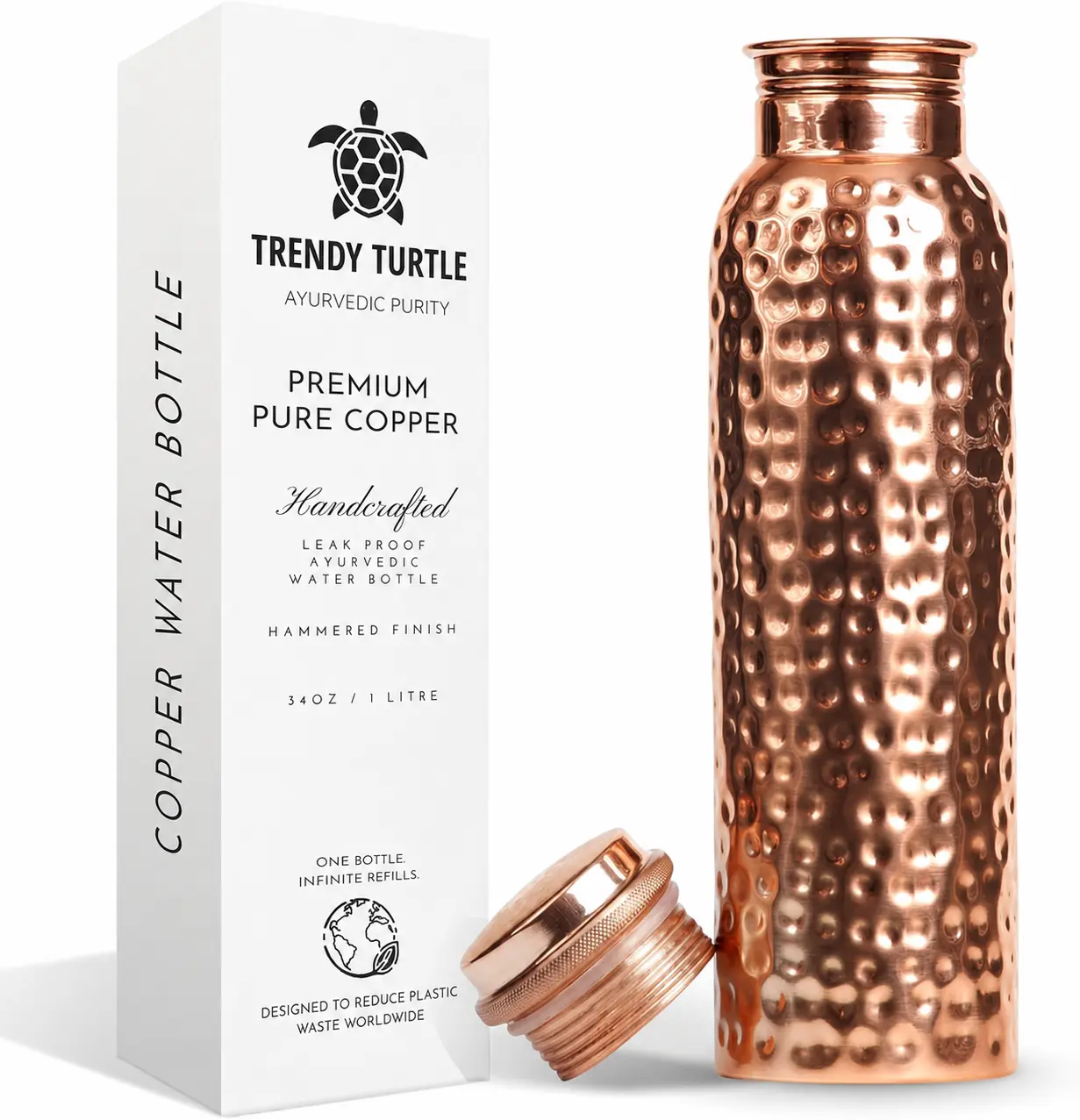 100% Copper Water Bottle for Drinking Water, 34 Oz Hammered Finish | Stay hydrated with Ayurvedic benefits, leak-proof lid, easy to clean, eco-friendly design and durable copper bottle