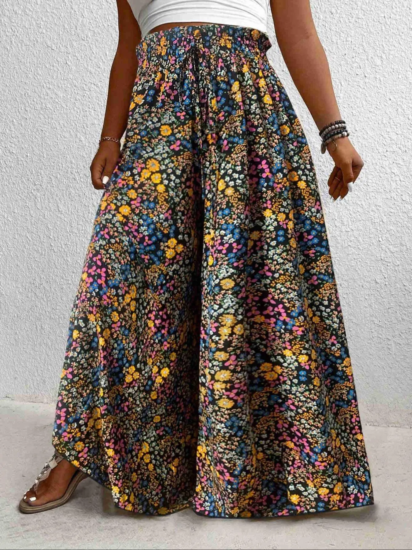 Plus Size Women's Boho High Waist Wide Leg Pants, All-Over Floral Print, Casual Loose Fit, Comfortable for Daily Wear, Palazzo Pants