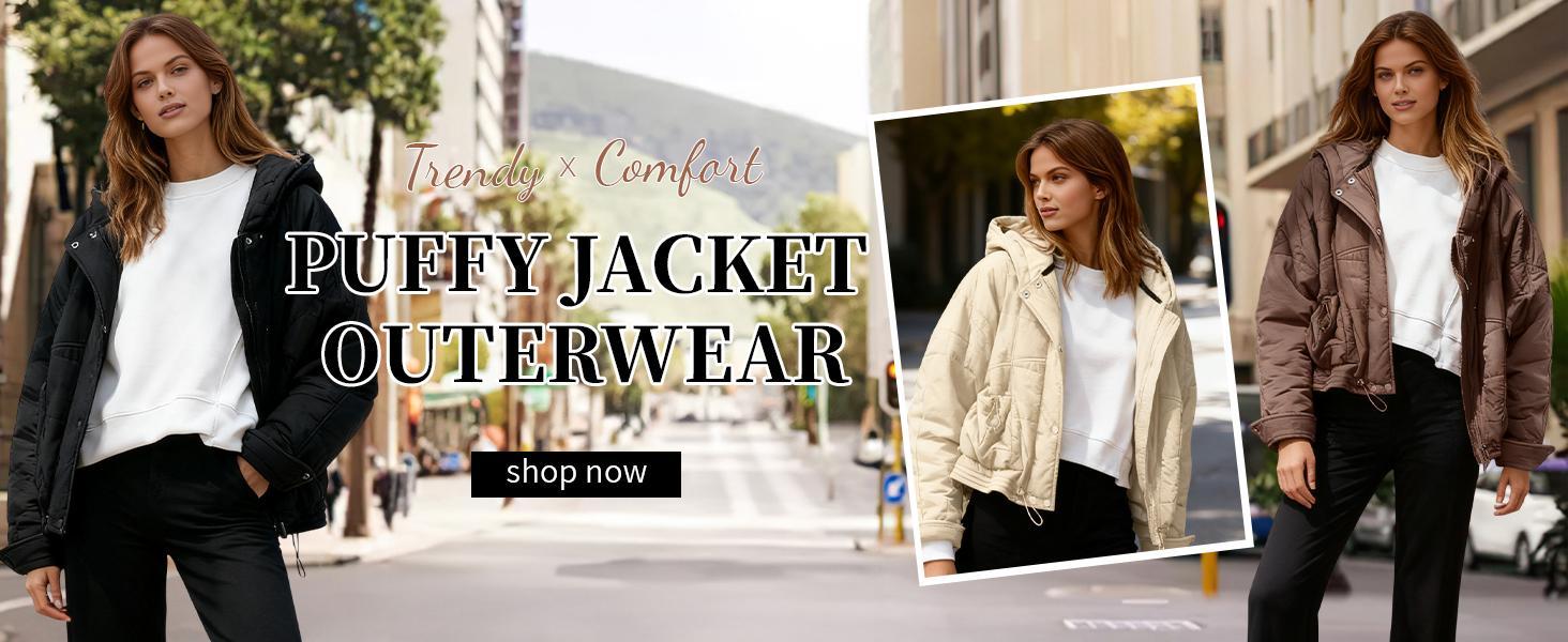 Tanming Women's Oversized Quilted Hooded Jacket with Pockets and Adjustable Hem Warm Casual Loose Fit Short Winter Coat Outerwear for Cold Weather