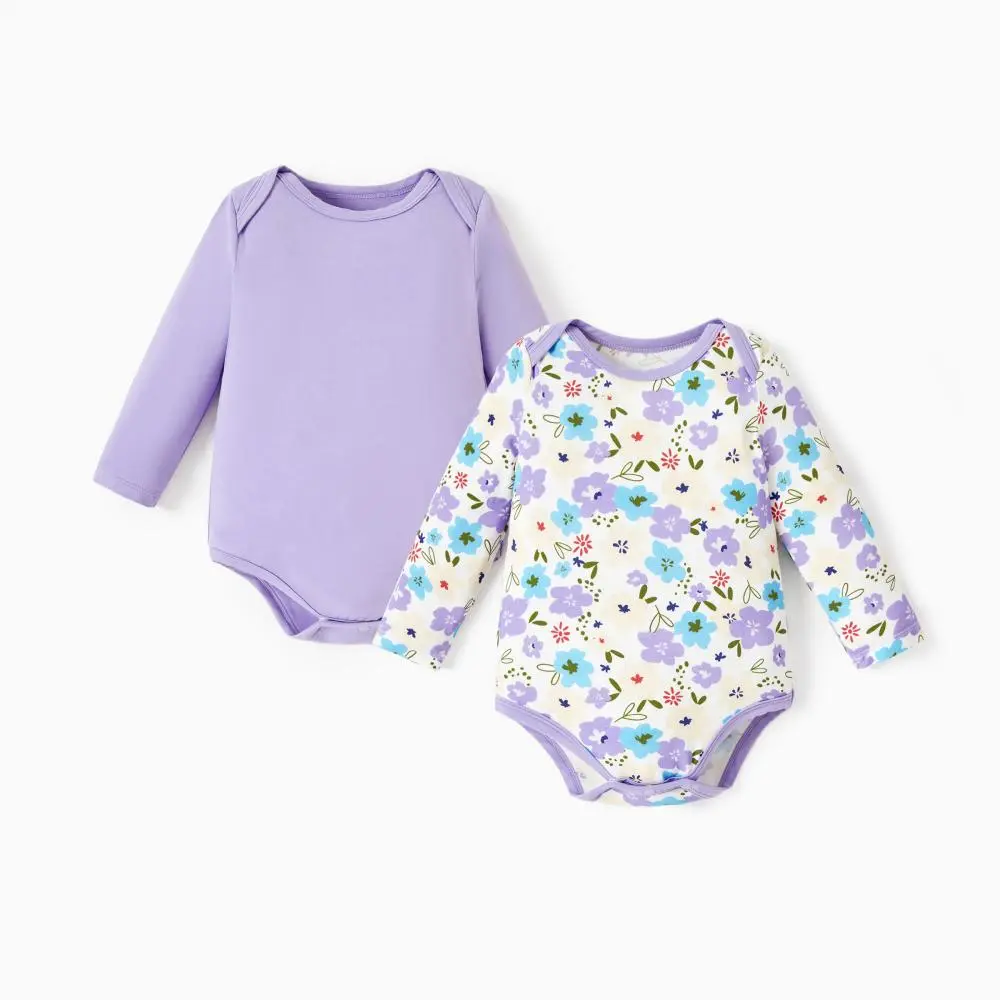 PatPat Bamboo Baby Bodysuits 2-piece Flora Long Sleeve Rompers for Baby Girls Infant