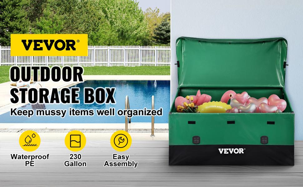 VEVOR Outdoor Storage Box, TikTokShopBlackFriday, 100/150/230 Gallon Waterproof PE Tarpaulin Deck Box w/Galvanized Frame, All-Weather Protection & Portable, for Camping, Garden, Poolside, and Yard, Black & Green Organiser