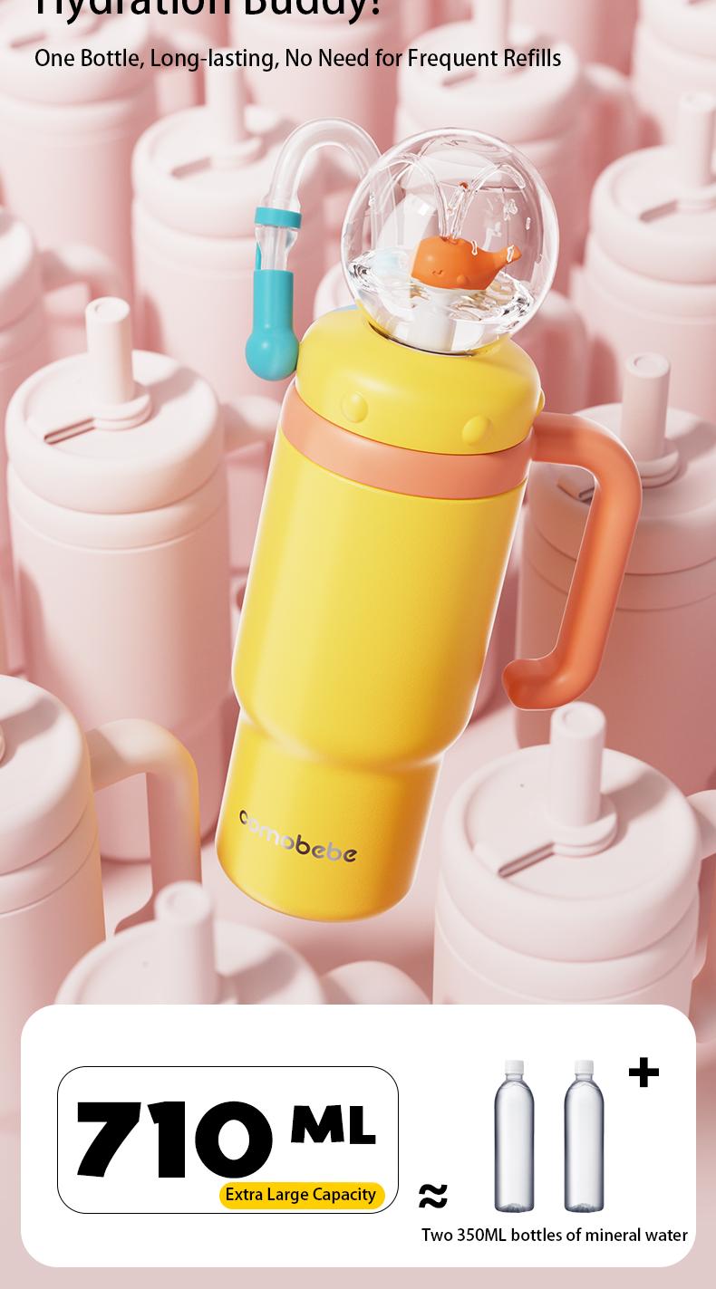 【COMOBEBE】24oz Stainless Steel Whale Fountain Tumbler – Spill-Proof, Dual Lids, Durable Handle, Dishwasher Safe, Cute and Fun for Kids & Adults