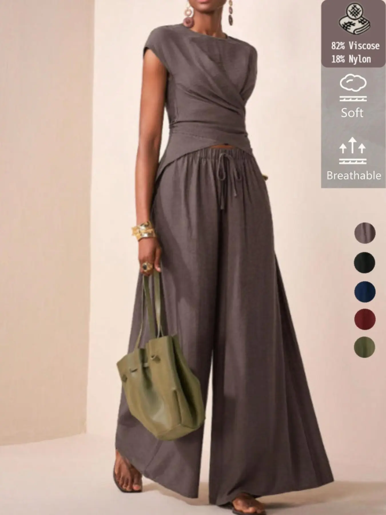 Women's Viscose Material Waist Cinched Sleeveless Blouse, Casual Minimalist Loose Long Pants Set, All Seasons Fashion Style, Casual Summer Set
