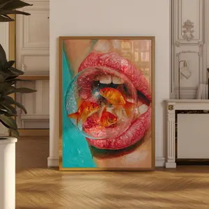 Whimsical Goldfish Lips Art Poster, Surreal Illustration, Product without frame Gift