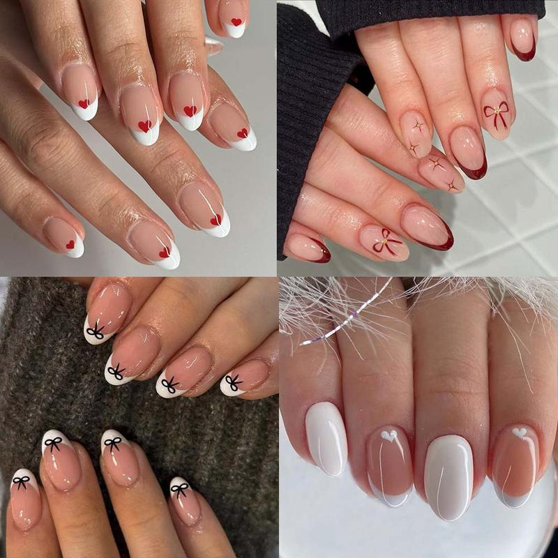 96pcs Short Oval Heart Bow False Nails Set, Removable Press-On Acrylic Nails, Y2K Style, Perfect for Women, Valentine's Day, Fall Winter