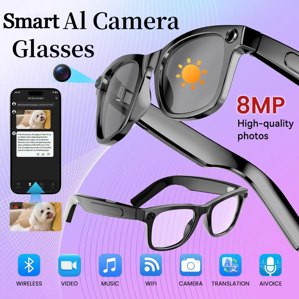 W&O AG66 AG11 AG18 AI Smart Glasses with Camera, 8MP HD Camera Glasses for Men, AI Recording Glasses with Voice Assistant,Open-Ear Audio,Real-Time Translation,Video Recording Sunglasses for Life & Work (Photochromic)
