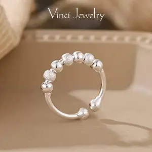 Sterling Silver Rotatable Anxiety Relief Ring with Adjustable Opening Design, Simple Fashion and Elegant for Women, Unisex Double Good Luck Giving Friends as Gift for Birthday, Perfect for Suit and Daily Wear