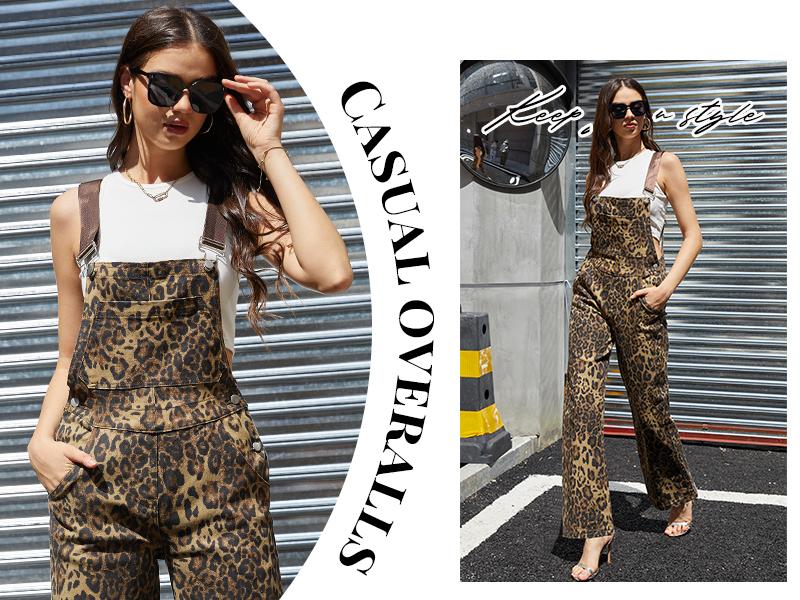 Zhangyan Valentine's Gifts Leopard Print Overalls for Women Stretch Denim Loose Fit Bib Coveralls Cheetah Spring Fall Winter Outfits Y2K Fashion Animal Sleeveless Jumpsuits Straight Leg Pants Mom Wife Womenswear Rompers