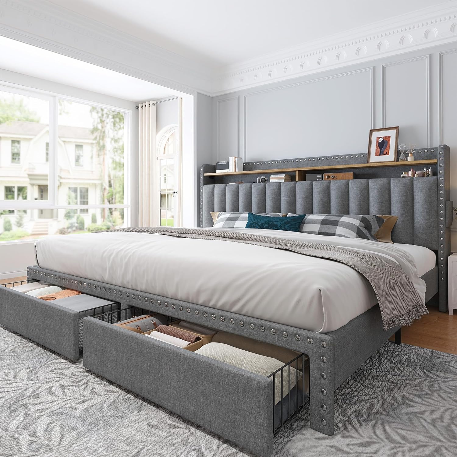 Luxury Bed Frame with Storage, NO MATTRESS, King Size bed with Headboard, Upholstered Queen or Full Size Divan Beds with 2 Drawers and Built-in Shelves Luxury Bed Frame with Storage, NO MATTRESS, King Size bed with Headboard, Upholstered Queen or Full Size Divan Beds with 2 Drawers and Built-in Shelves