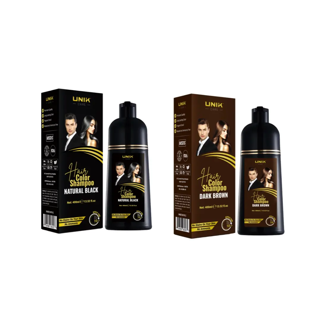 UNIK Care Professional Hair Coloring Shampoo Pack - 1x400ml Dark Brown, 1x400ml Natural Black, Ammonia-Free, Safe, Effective Hair Dye for Men & Women