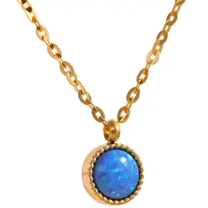 Santorini - Blue Opal Pendant Necklace – Non-Tarnish Waterproof Gold Necklace with Natural Opal