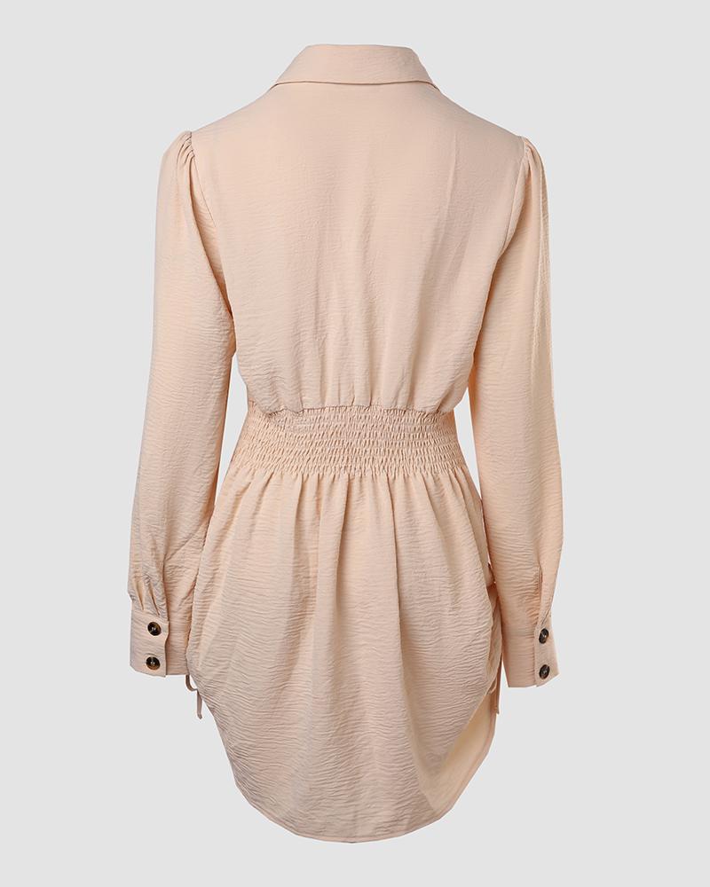 ChicMe Women Button Down Shirt Dress Roll Tab Sleeve Side Drawstring Mini Dresses