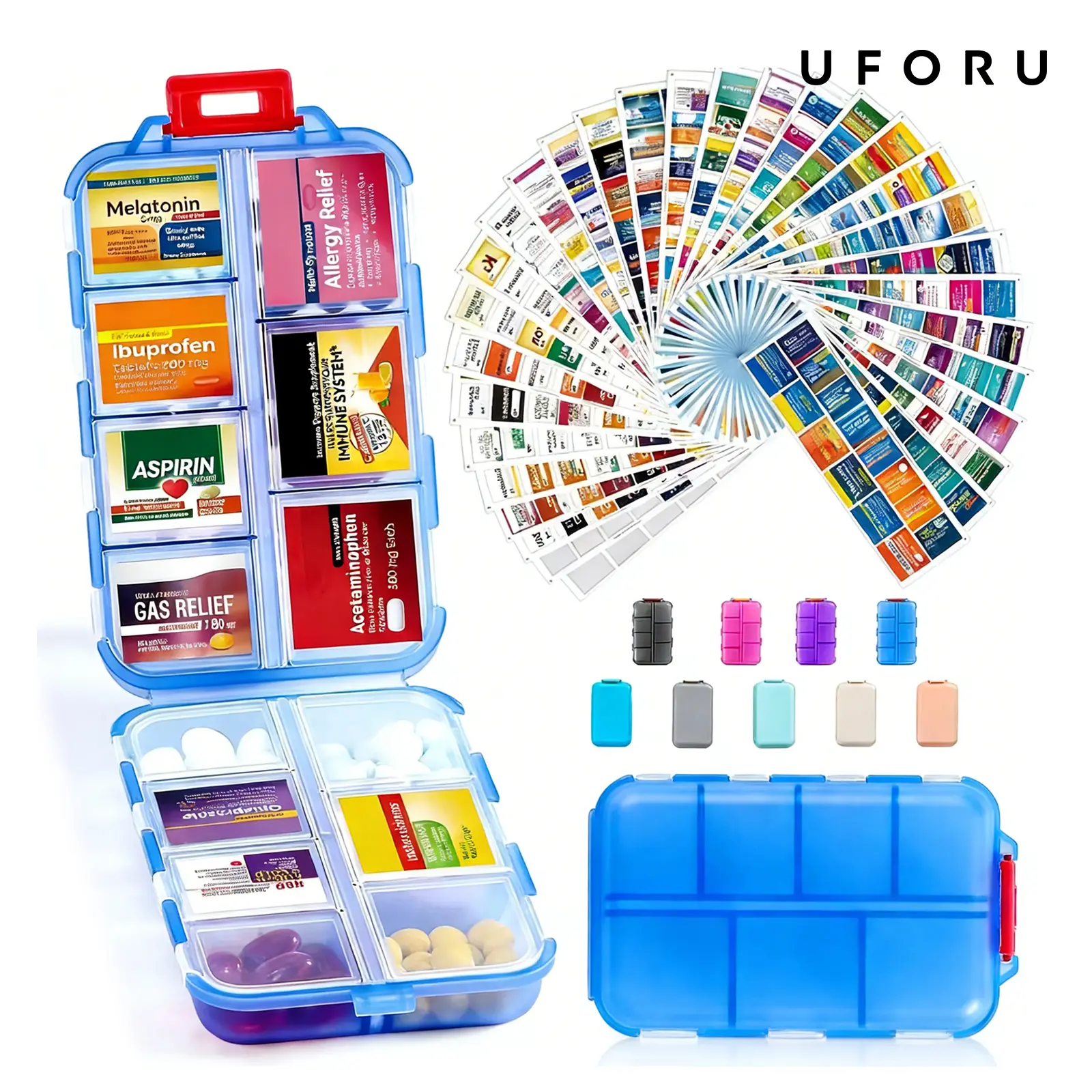 UFORU Lightweight Travel Pill Organizer Box, 10-Slot Sorting 10-Compartment Case with 146 Labels, Weekly Storage Boxes, Portable Purse Stuffers Holder for Vitamins Medications (No Pills, Works for Jewelry & Beads Too)